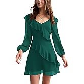 liher Womens Fall Dress Mesh V Neck Sheer Long Sleeve Ruffle Trim Cocktail Party Club Mini Dresses