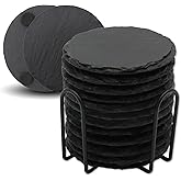 12 Pack Slate Drink Coasters with Metal Holder, VIBRATITE 4 Inch Black Slate Stone Coasters Bulk Laser Engraving Blanks with Anti-Scratch Bottom for Drink Coffee Bar Kitchen Home Decor, Round
