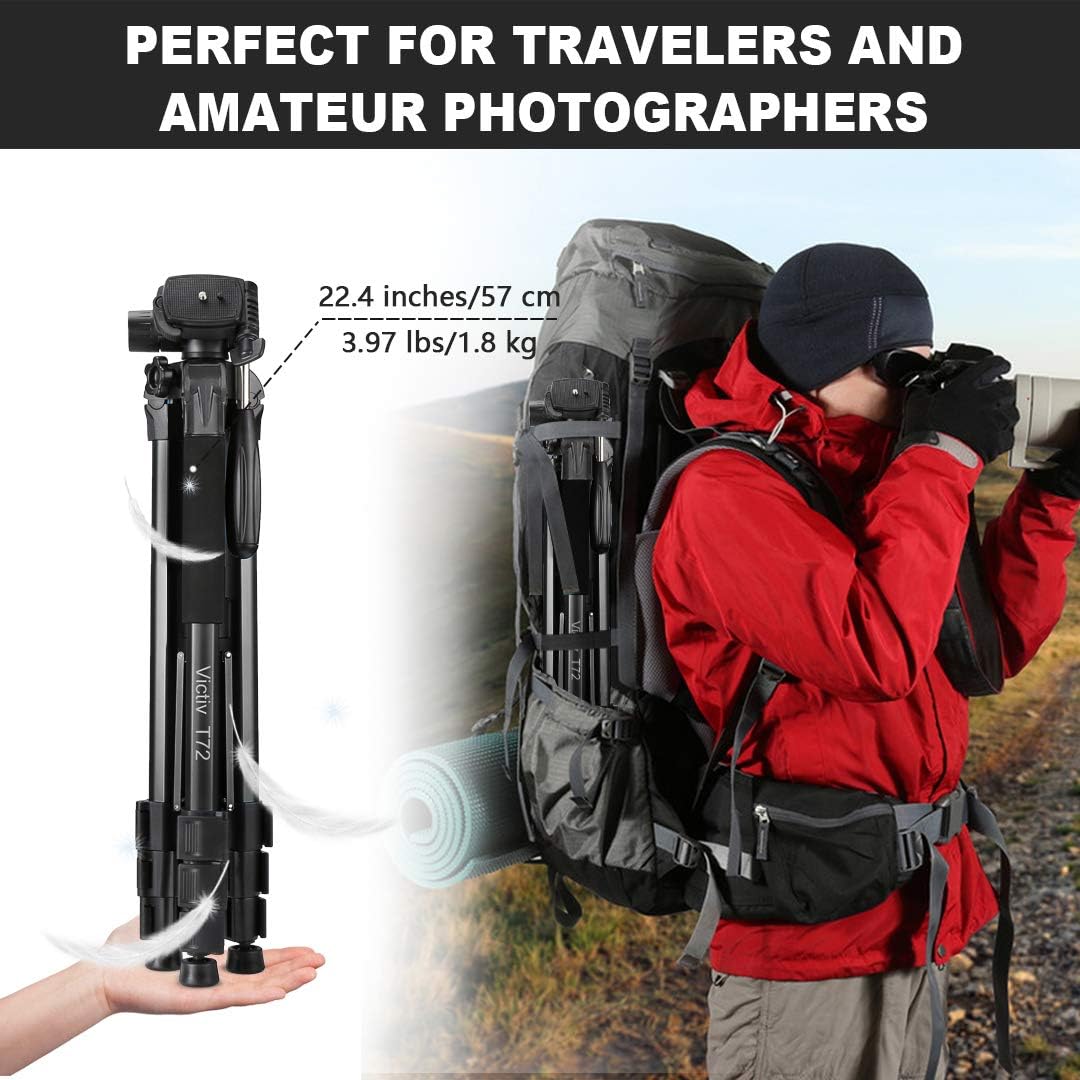 Victiv 72-inch Camera Tripod Aluminum Monopod T72 Max. Height 182 cm - Lightweight and Compact for Travel with 3-way Swivel Head and 2 Quick Release Plates for Canon Nikon DSLR Video Shooting - Black : Camera & Photo