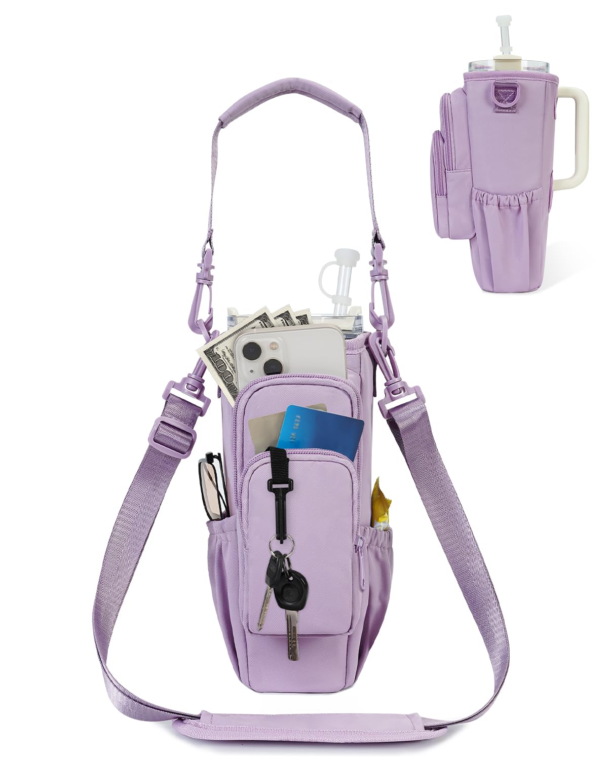 sportsnew 40oz Water Bottle Carrier Bag, Insulated Tumbler Holder with Phone Pocket & Adjustable Strap, Compatible with Stanley Cup, Leak-Resistant Bottle Pouch with Straw Cover