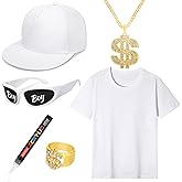 JcHrmers 6 Pcs Halloween Rapper Costume Include Shirt,Hat,Glasses,Necklace and Paint Pen for Men Women 80s 90s Party Dress Up