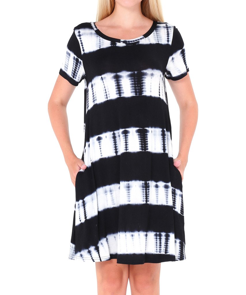 Women\'s Ombre Swing Dress Short Sleeve Tie Dye Dress with Pockets Black M
