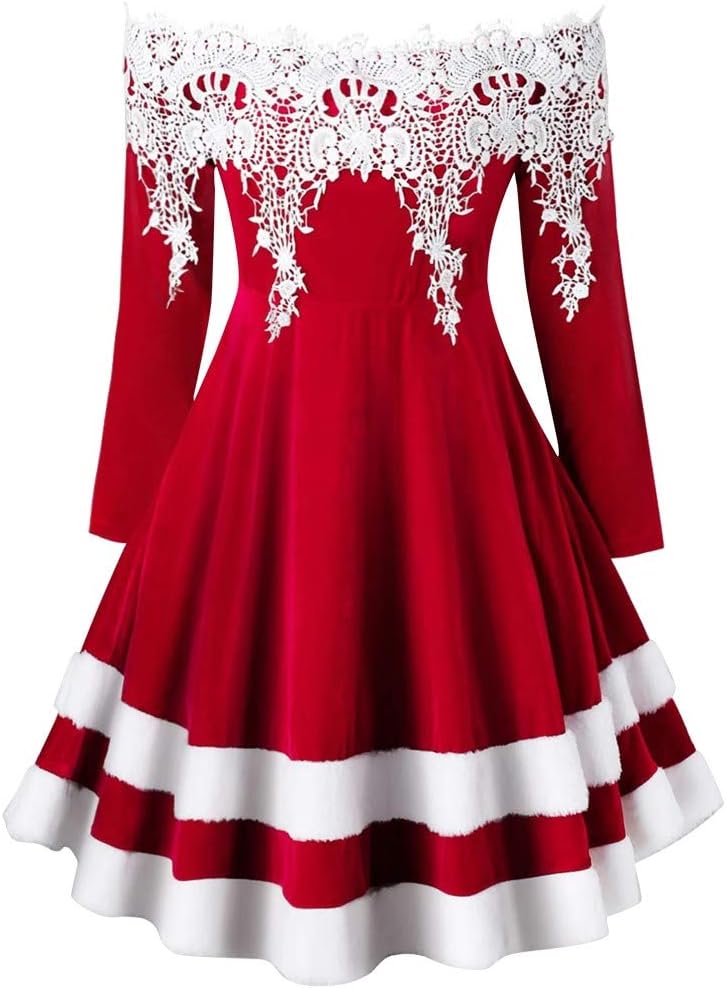 Womens Plus Size Dress Off Shoulder Dress Lace Applique Velvet Christmas Dress Mid Dress Red Black Green Blue Purple S-XXL