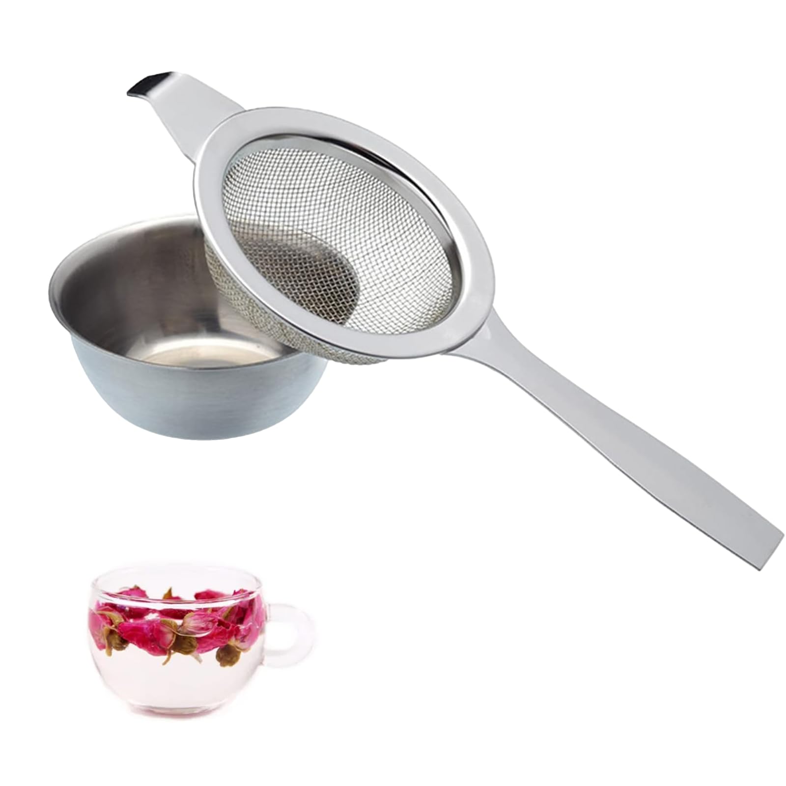 1 Set Tea Strainers for Loose Tea, Long Handle Tea Strainer with Drip Bowl, Reusable Mini Sieve, Loose Leaf Tea Strainer for Sifting Ingredients, Flour, Pastas, Rice, Tea (Silver)