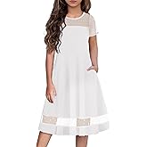 Arshiner Tween Girls Dress Formal Contrast Mesh Short Sleeve A Line Party Dresses with Pockets for 5-12 Years
