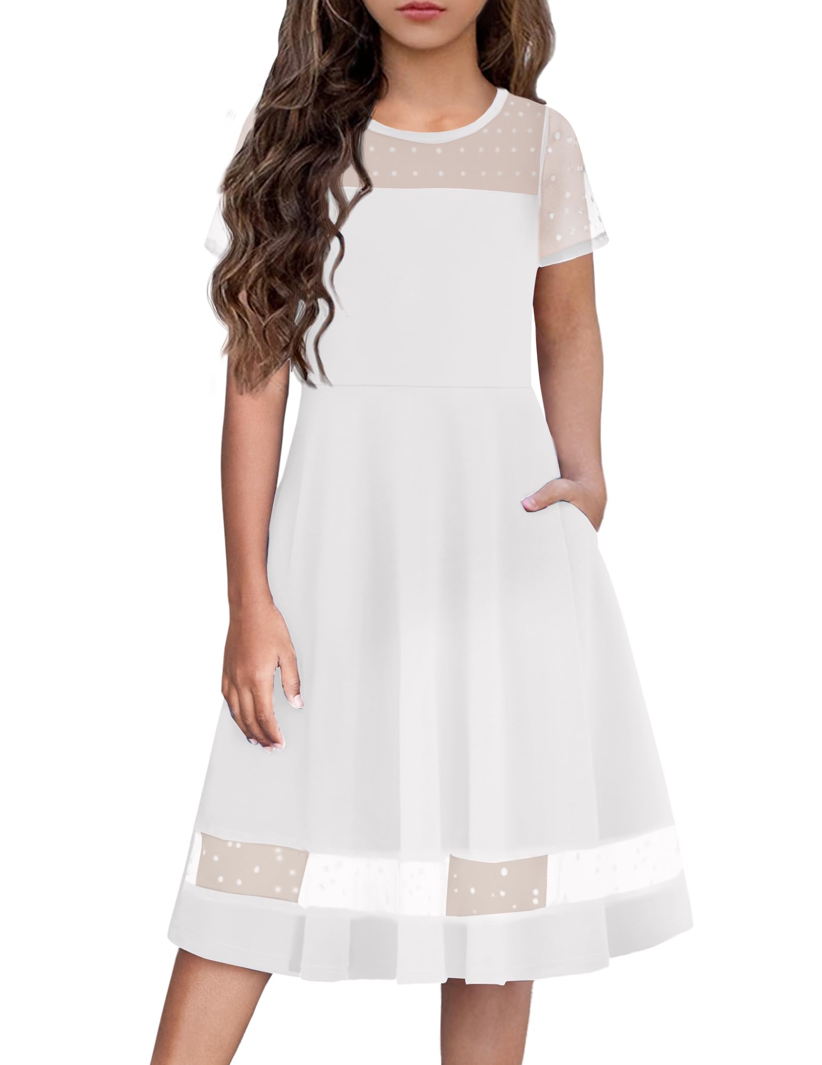 Photo 1 of Arshiner Girl's Polka Dots Mesh Dress Sleeve White Wedding Guest Swing Flower Communion Dresses with Pockets 7-8 Years
