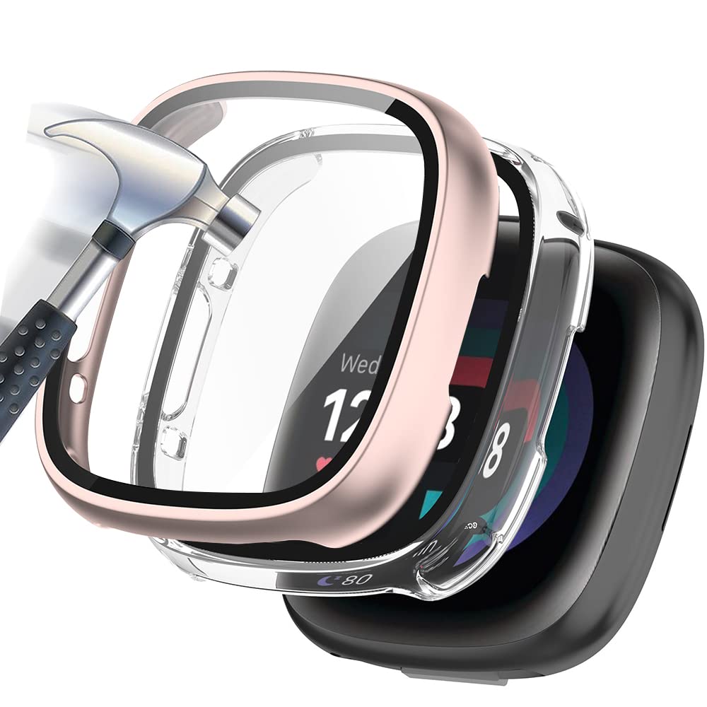 Acadeny 2 pieces Case With Tempered Glass Screen Protector Compatible for fitbit versa 4/ sense 2, 9H Hardness 360 ° All-round Protective Cover Ultra-thin Protective PC Case, Transparent+rose gold