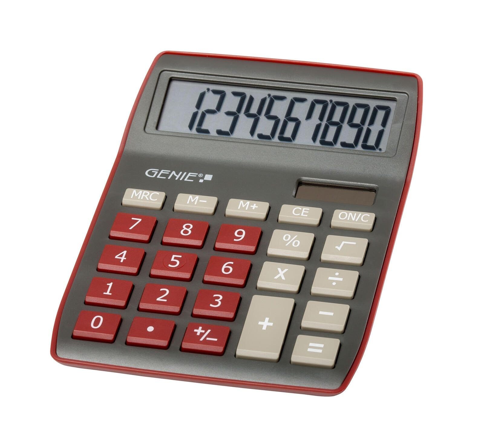 Genie 840 DR 10 Digit Desktop Calculator; Dual Power (Solar and Battery); Compact Design; Dark Red