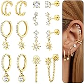 Dochais Flat Back Cartilage Earrings for Women Trendy Dainty CZ Flatback Studs Earing Sets 14k Gold Plated Hypoallergenic Huggie Hoops Earring Stacks for Multiple Piercing