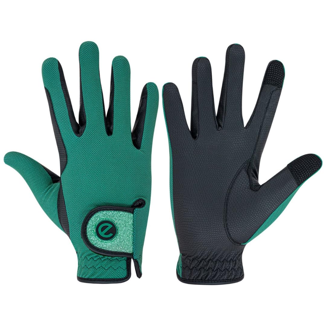 eGlove - eQUEST GripPro X-LITE Horse Riding Gloves - Lightweight, Breathable, Grippy Non-Slip Material - Comfort Mesh Back - Touchscreen Gloves (ALPINE GREEN - GLITTER CUFF, M)