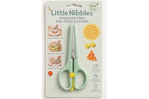 Little Nibbles Baby Toddler Feeding Scissors - Stainless Steel Childrens Food Cutter with Safety Cover, Easy-Grip Handles, BP