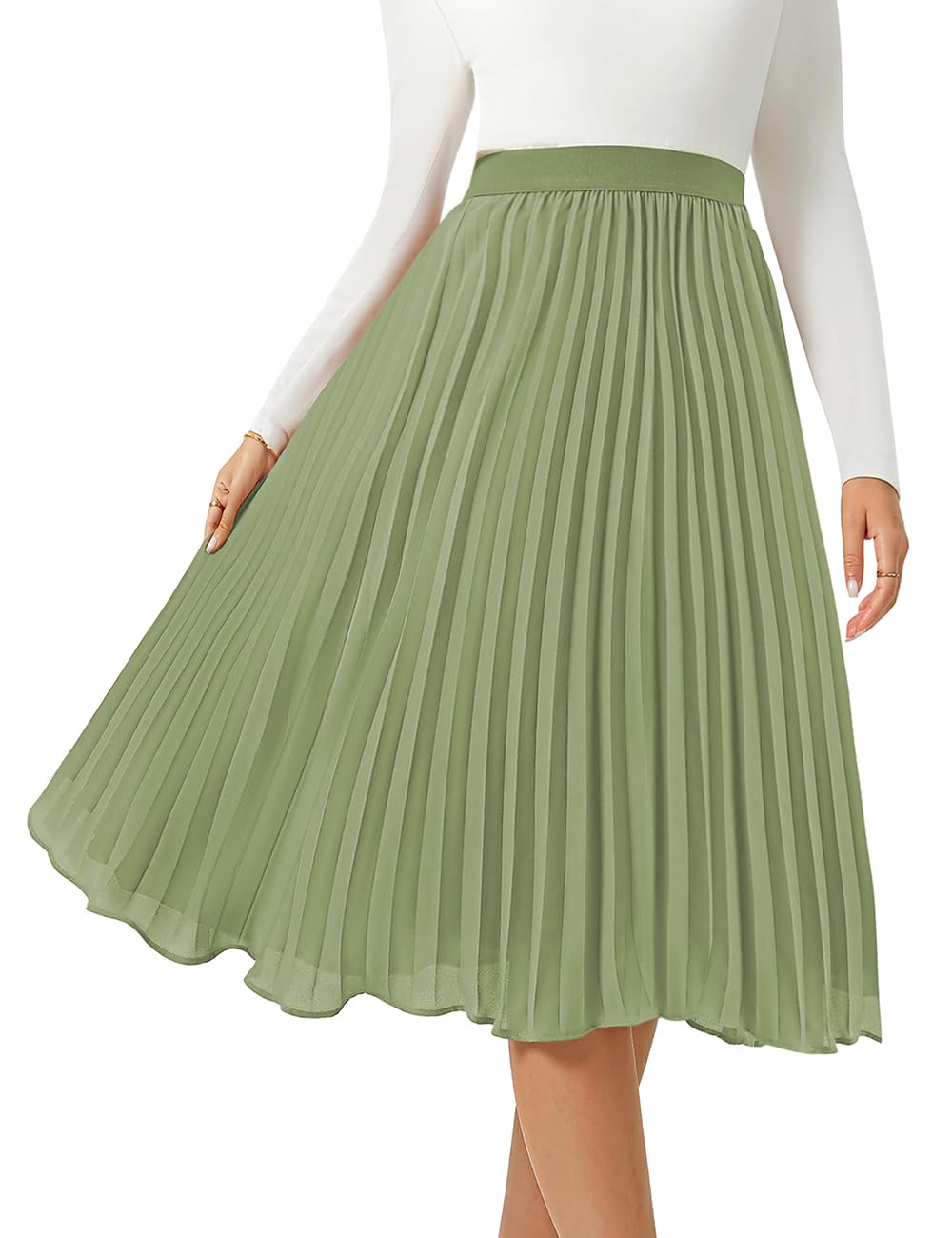 Photo 1 of Women's Midi Skirt Elastic High Waist Pleated Skirt Knee Length Swing A-Line Casual Flowy Skirts 2025 Green, L
