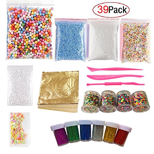 UPC 664248796271, 39 Pack Slime Making Kits Supplies,Gold Leaf,Foam Balls,Glitter Shake Jars,Fishbowl Beads,Fruit Slices,Fake Sprinkles,Glitter Sequins Accessories, Slime Tools (Slime Kits)