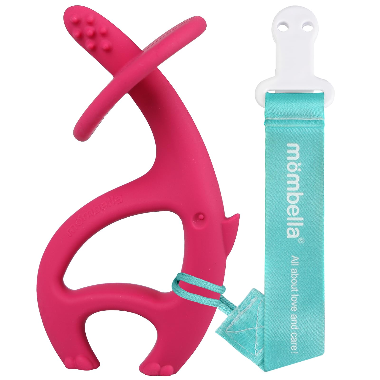 Photo 1 of Mombella 2 in 1 Elephant Teether & Pre-Training Toothbrush, Infant Teething Toys for Babies 3-12 Months with String to Clip on, Soft Silicone Teether Toy 6-9 Month Old, Safe Baby Chew Toys, Dark Pink