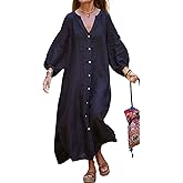 chouyatou Women Summer Long Sleeve Notch Neck Maxi Linen Shirt Dress Loose Button Down Tunic Shift Dress