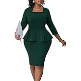 Runwind Plus Size Dress for Curvy Women Midi Church Wear to Work Bodycon Vintage Peplum 3/4 Sleeve Sheath Pencil Dress