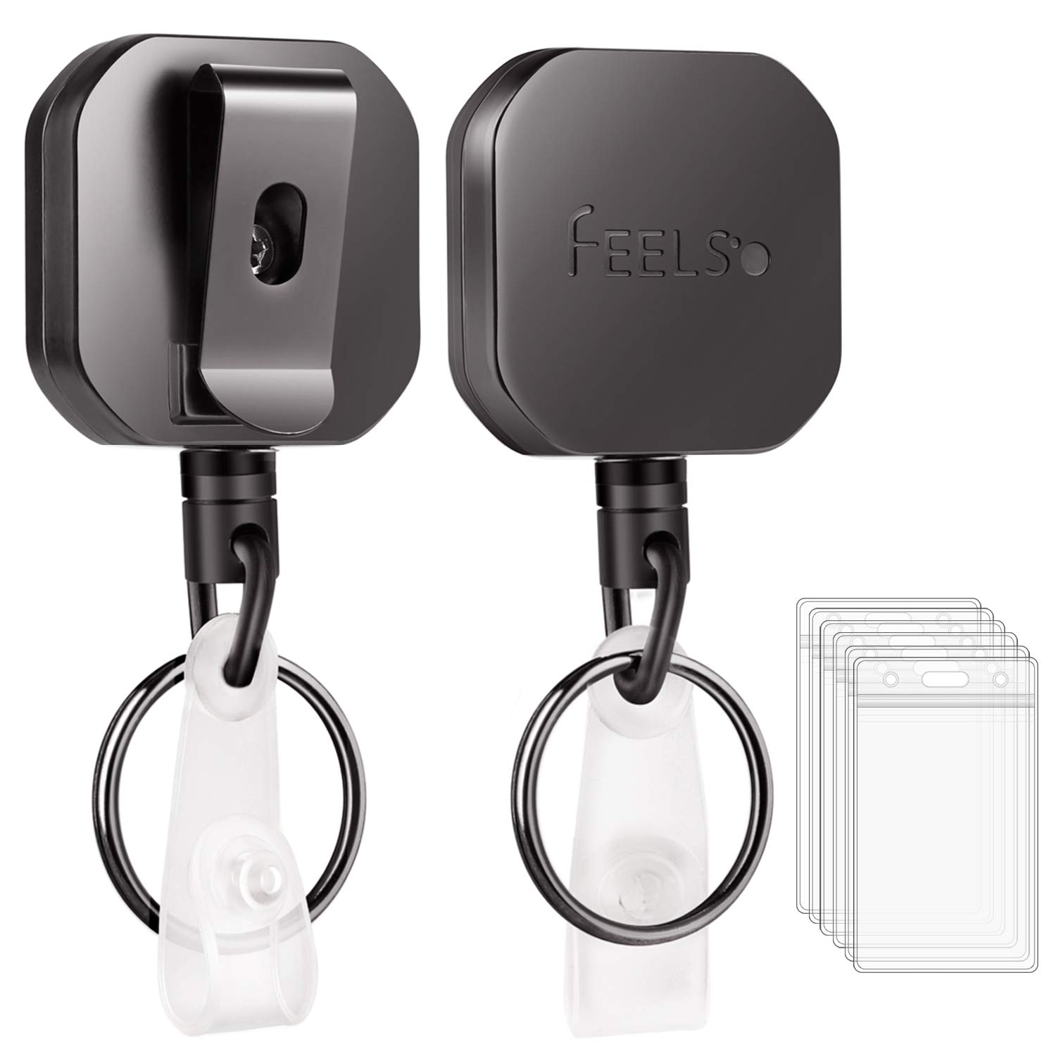 Photo 1 of FEELSO Badge Holder Reel Retractable, Metal Heavy Duty Badge Holder with Belt Clip Key Ring and 6pcs Plastic ID Card Holders, Steel Wire Cord Up to 25 inch (2 Pack)