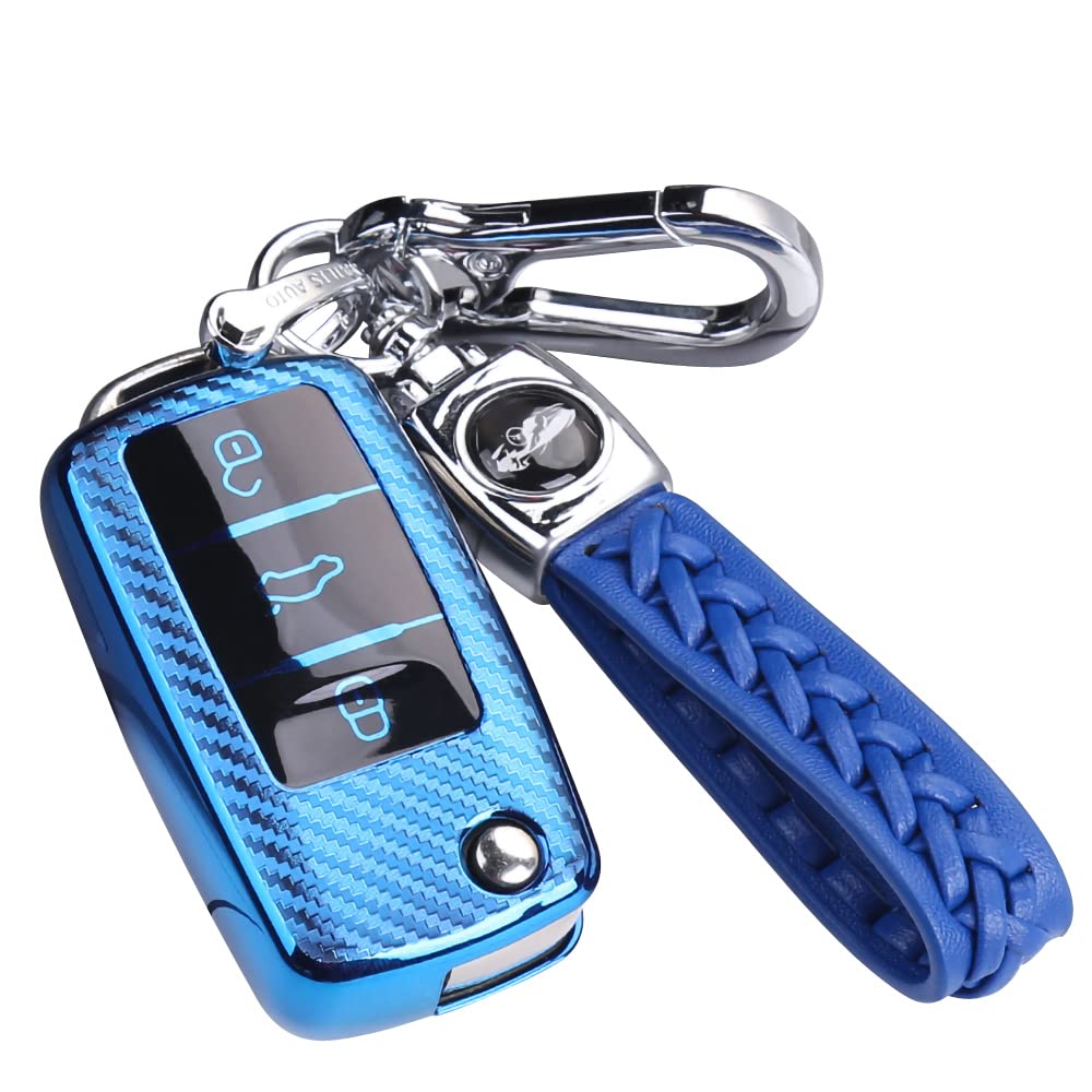 RXXR Car Key Fob Cover Compatible with VW Volkswagen Polo Golf 4/5/6 Multivan T5 Caddy Jetta Bora Superb Passat Skoda Fabia Seat Ibiza 3 Buttons Car Key Cover Case with Keychain