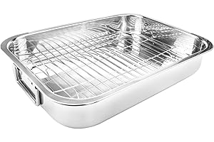 Stainless Steel Roasting Pan with Rack Rectangular Baking Pan BBQ Bakeware Quarter Sheet with Handles for Turkey Chicken Meat