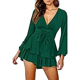 Relipop Womens Floral Print Romper V Neck Long Sleeve Double Layer Ruffle Hem Shorts Jumpsuit 2026 Beach Vacation Outfits