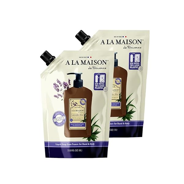 A LA MAISON FRENCH LIQUID HAND SOAP REFILL – NATURAL HAND WASH MADE WITH ESSENTIAL OILS – BIODEGRADABLE, PLANT-BASED, VEGAN, CRUELTY-FREE (33.8 FL OZ POUCH (2 PACK), LAVENDER ALOE)