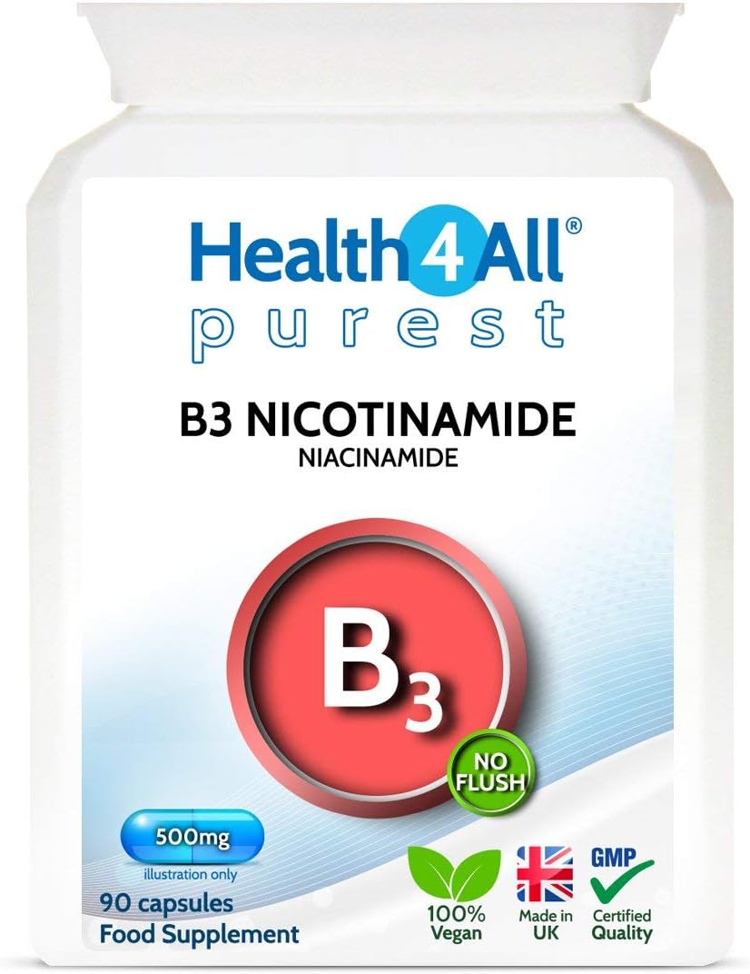 Health4All Vitamin B3 Niacin as Nicotinamide (Niacinamide) 500mg 90 Capsules, Purest, No Additives, Vegan