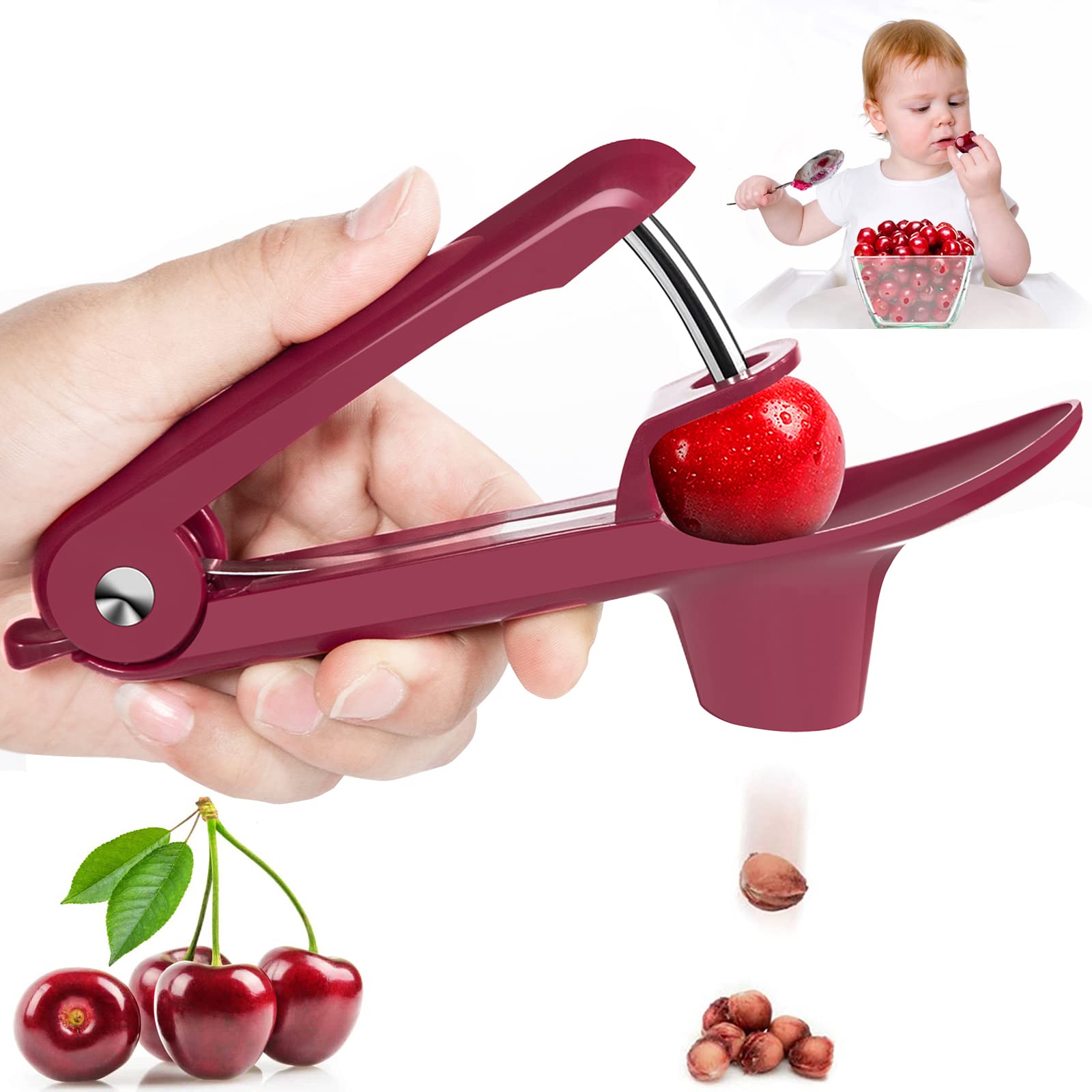 Photo 1 of Leyespot Cherry Pitter Tool Stainless Steel,Heavy Duty Pitting Tool, Portable Cherries Chomper Corer Stoner Seed Machine with Space-Saving Lock Fruit Pit Remover for Making Jam/Cake/Pizza, Deep Red
