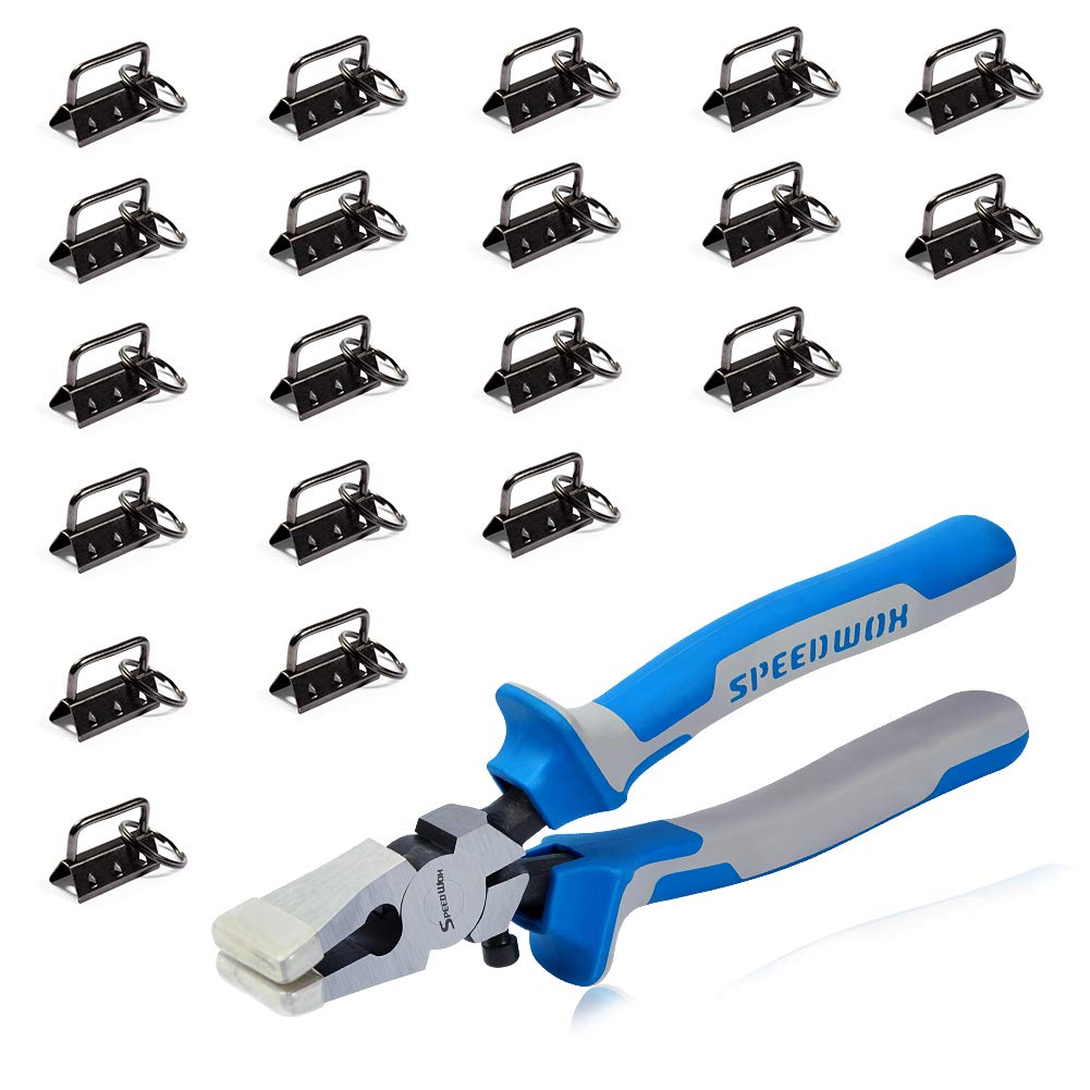 SPEEDWOX Glass Breaking Pliers with Rubber Tips and 20 Pcs 1.25 Inch Key Fob Hardware Set with Keychain Split Rings Webbing Fabric Strapping Wristlet Set Antique Black Hand Tools
