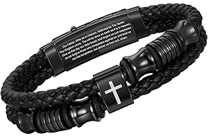 TempBeau Christian Black Leather Bracelet for Men - Double-Row Braided Leather Faith Cross Bracelets for Men Jewelry Gift Religious Baptism Easter Gifts for Young Men Teenage,Adjustable Wristband