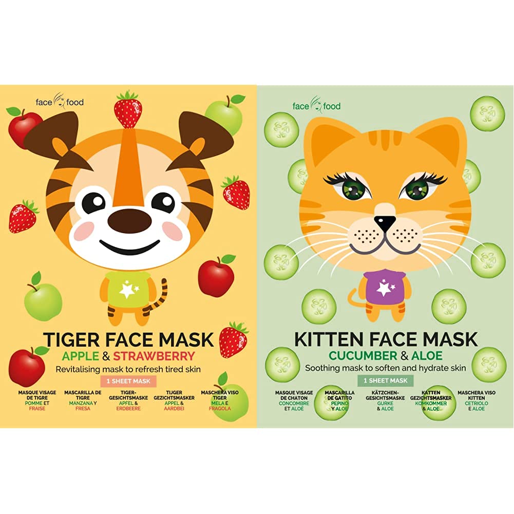 7th Heaven Face Food Tiger Sheet Face Mask Apple And Strawberry Revitalising Mask To Refresh Tired Skin, 0.021 Kg & Face Food Kitten Sheet Face Mask Cucumber And Aloe Soothing Mask, 0.021 Kg