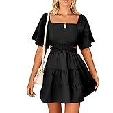 Senllen Womens Summer Dresses 2025 Short-Sleeve Square Neck Mini Dress Crossover Elastic Waist Casual Party Tiered Dress