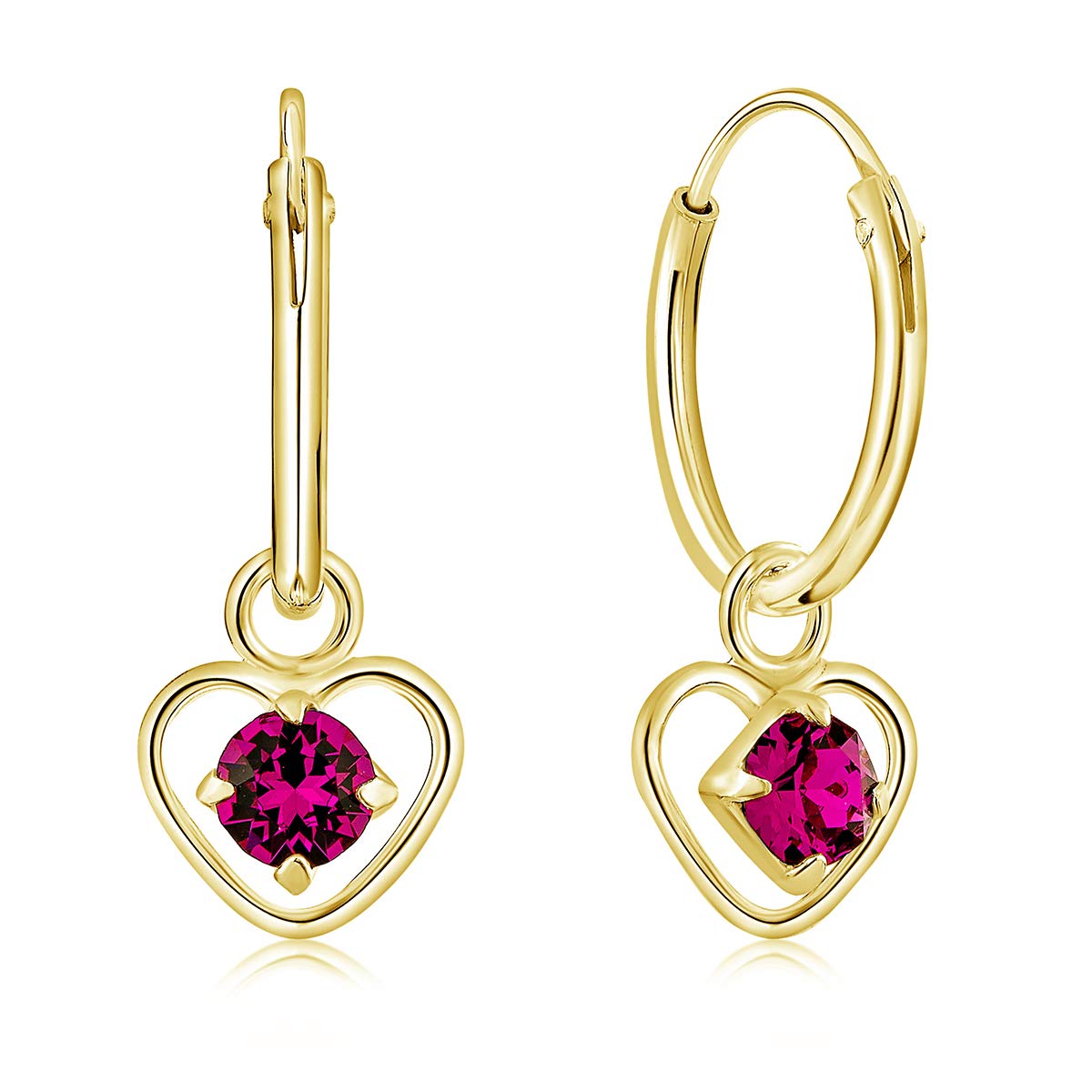 DTPsilver® 925 Sterling Silver Yellow Gold Plated SMALL Hoops Earrings & Dangling Heart with 3 mm Crystals from Swarovski® Elements - Thickness 1.5 mm - Diameter: 14 mm - Colour : Fuchsia