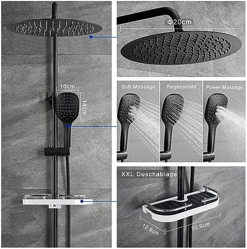 Columna Ducha sin Grifo, Set Ducha de Altura Ajustable Conjunto Ducha Acero Inoxidable con Alcachofa y Cabezal Ducha lluvia D20cm, XXL Estana Negro
