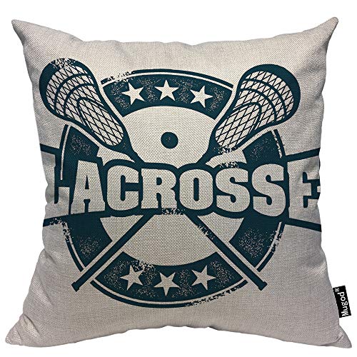 Mugod Lacrosse Throw Pillow Vintage Stamp Pattern Helmet Lacrosse Sticks Star Navy Blue Cotton Linen Square Cushion Cover Standard Pillowcase 18x18 Inch for Home Decorative Bedroom/Living Room/Car