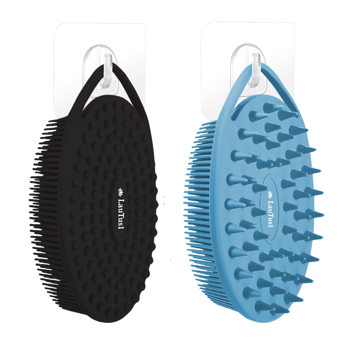LauTus1 2 Packs Silicone Body Scrubber, Dual-Sided Shower Scrubber Hooks Exfoliating Body Scrub Brush Silicone Loofah Women Men Deep Cleansing and Massage Tool Blue and Black