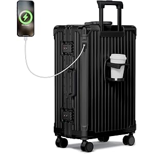 Krute No Zipper Carry On Luggage 20in Suitcase with Cup Holder and Charger | Airline Approved 100% PC Hardshell Aluminum Fram