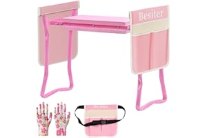 Besiter Garden Kneeler and Seat, Heavy Duty Garden Stool with EVA Foam Pad Protects Knees Back, Folding Gardening Kneeler Bench and Sitting for Seniors, Women (Pink with 2 Pouches, Gloves and Belt)