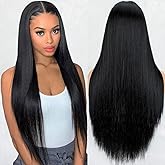 Natural Black Wig for Women Long Straight Wigs Middle Parting Lace Front Wig Silky Soft Smooth Remy Hair Synthetic Wigs Fashion Looking Full Wig Realistic Everyday Wig 26 Inch