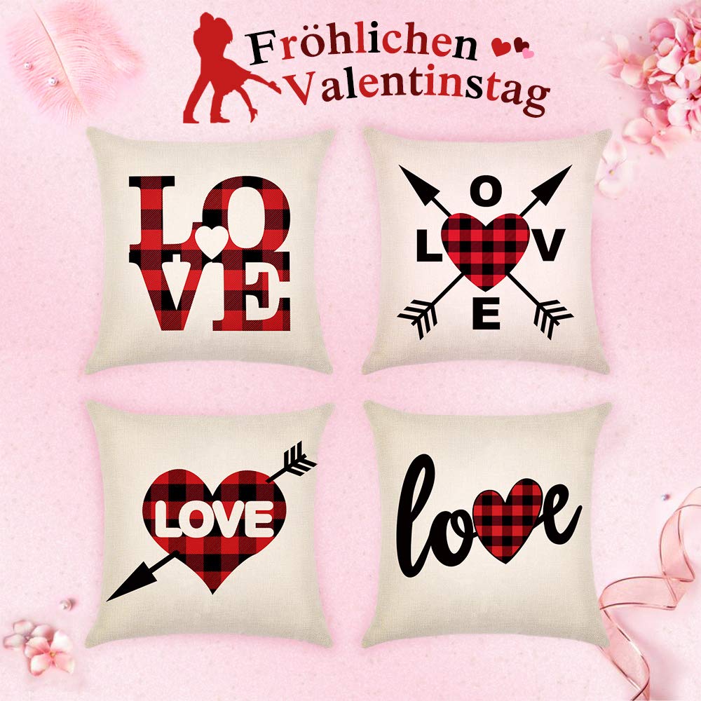 YEVIOR 4er Set Kissenbezug Weihnachten Valentinstag Liebhaberserie, Buffalo Plaid Dekorative 45 x 45 cm, Dekokissen Zierkissenbezüge für Wohnzimmer Schlafzimmer Dekor, Rot Schwarz Kariert,Leinen