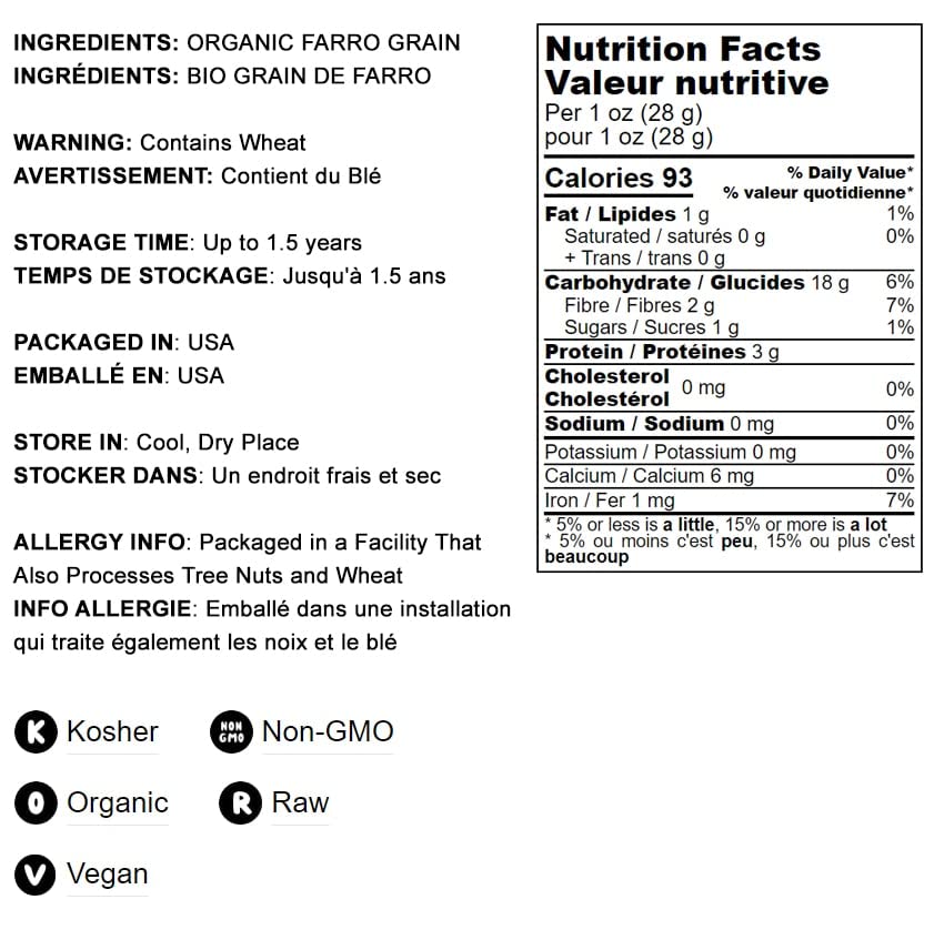 Organic Italian Pearled Farro, 1.5 Pounds NonGMO, Kosher, Vegan