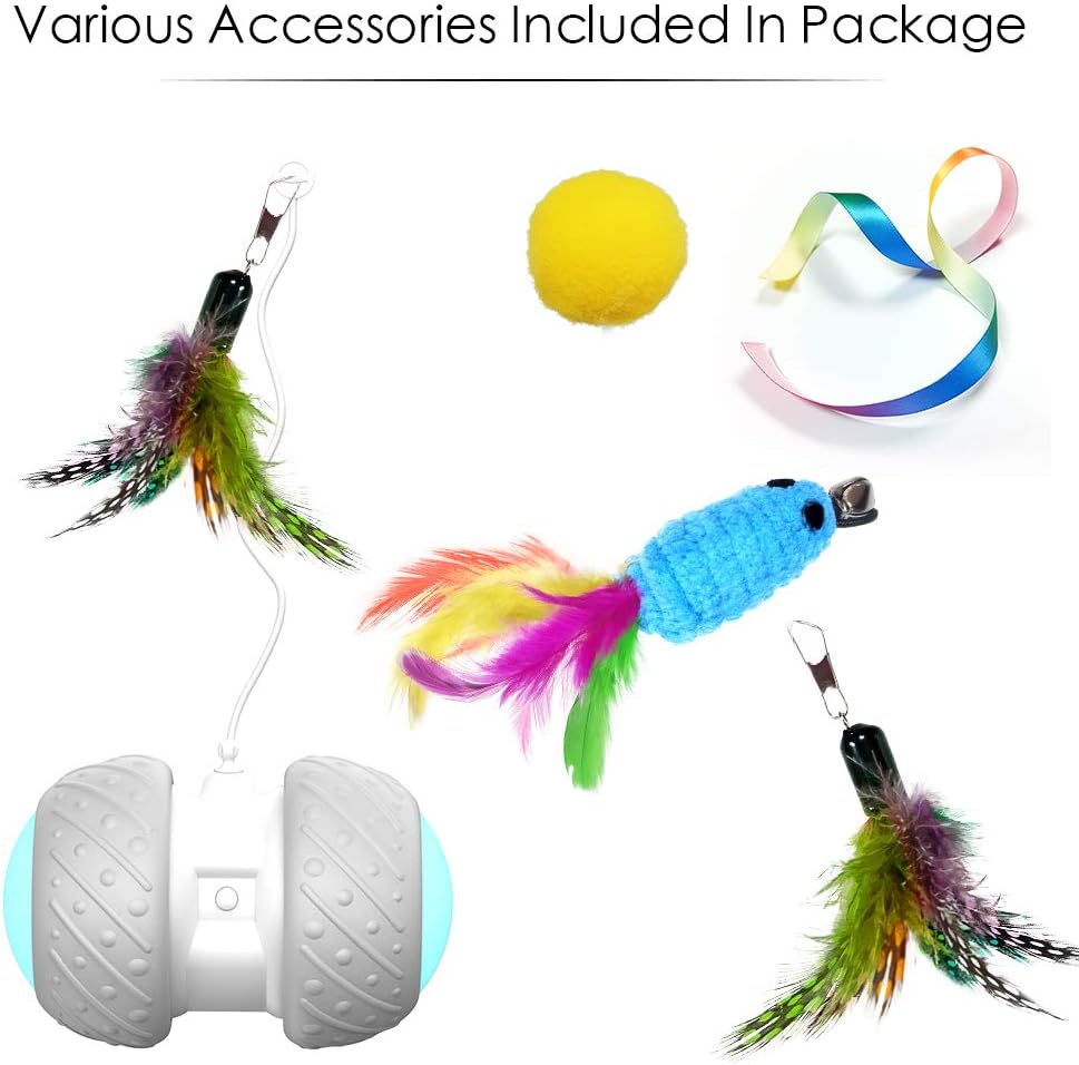 k-berho Cat Toys Interactive, Cat Toys for Indoor with Feather, Ball, Mouse and 2 Color Ribbons, Automatic Cat Toy with Irregular USB Charging 360 Degree Self Rotating Ball : Pet Supplies