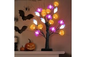 AKEROCK Halloween Decorations Indoor, Black Halloween Tree with Lights - Halloween Decor USB Charging/Battery Operated with Timer for Home, Table, Mantel, Party - 18 Inches 24 LED 3 Color Lights