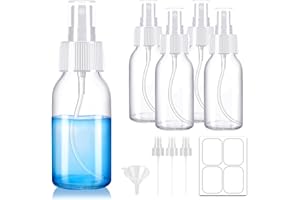 Tecohouse Set of 5, 2 oz Glass Spray Bottles, Clear Small Glass Spray Bottle with 3 Extra Mist Sprayer & 1 Funnel & 8 Labels for Essential Oils, Cleaning Solutions, Plants, Hair, Travel