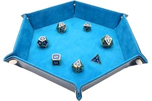 Kimairy DND Metal Dice Tray, Dice Folding Hexagon Tray Leather Dice Holder Velvet Rolling Storage Tray for Dice Games RPG DND Other Table Games and Candy Holder Storage Box (Cyan)