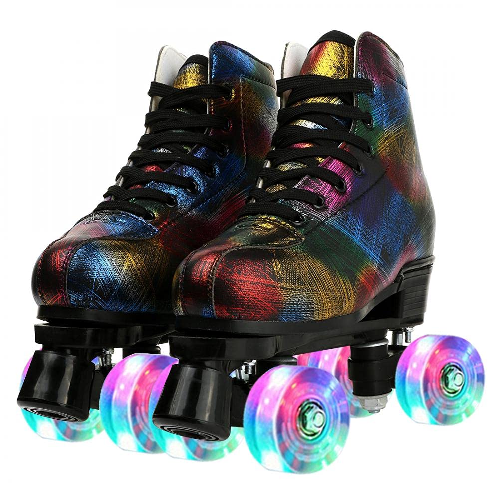 Photo 1 of SIZE 41 Unisex Roller Skates Double Row Four Wheels High-top Roller Skates Lightning Pattern for Beginners Womens Mens Boys and Girls (black with flash wheel, 41)