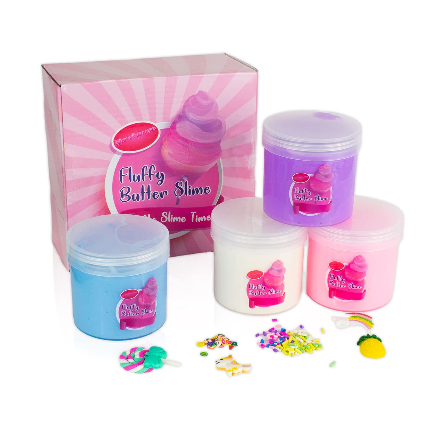 4 pack Fluffy Slime Kit, Cake Candy and Fruit Butter Slime, Super Stretchy Slime Kit Stress Relief Toys for Girls and Boys