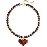 Acrylic Puffy Heart Pendant Necklace for Women Chunky Natural Stone Beaded Necklace -Amber Hued