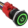 APIELE 19mm Latching Push Button Switch 3/4" 12V DC Black Shell Power Symbol LED with Socket Plug 1NO1NC SPDT ON/Off (Green/Black Shell)