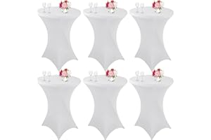 JALANCY 6 Pack Cocktail Spandex Tablecloth 32"x43" White Stretch Square Corners Cocktail Table Cover Fitted High Top Round Table for Bar Wedding Birthday Party Banquet