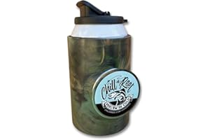 Chill-N-Reel Fishing Can Cooler (from Shark Tank) | Hard Shell Drink Holder with Hand Line Reel Attached | Fits Any Standard Insulator Sleeve or Coozie | Unique Fun Fishing Gift (Camo & Spill Guard)